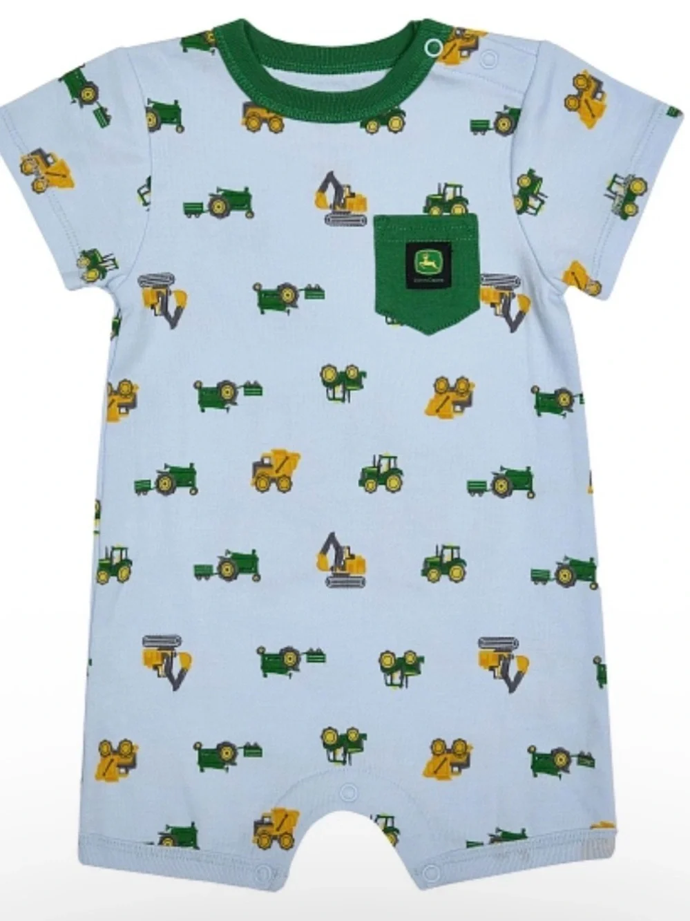 John Deere Light Blue Short Sleeve Tractor Print Romper with Green Pocket